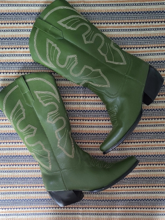 Newport News Shoes - Y2K Newport News Olive Green Western Cowboy Boots Contrast Stitch Mid Calf 7.5